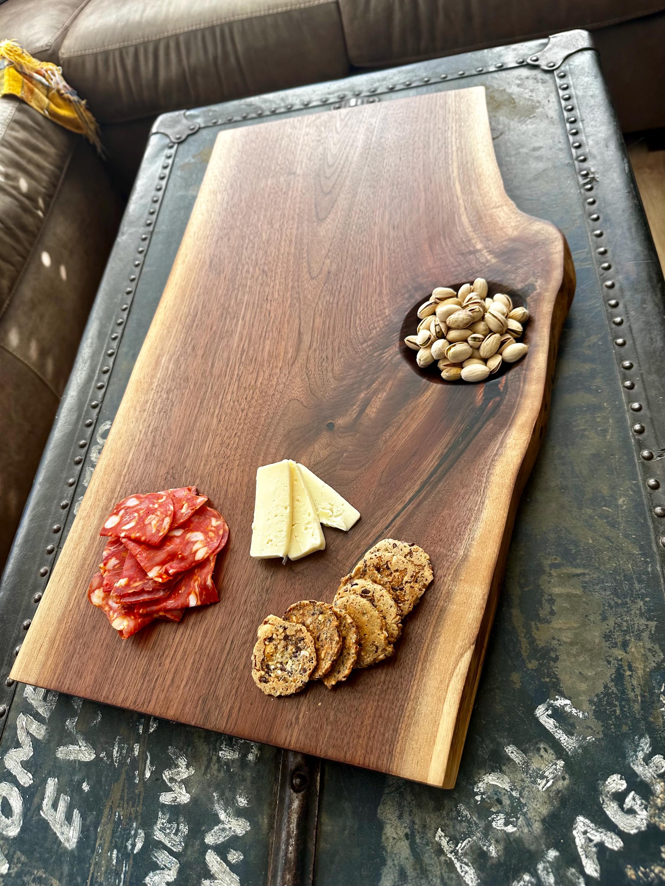 Live-Edge Walnut Charcuterie Board with Integrated “Nut” Bowl