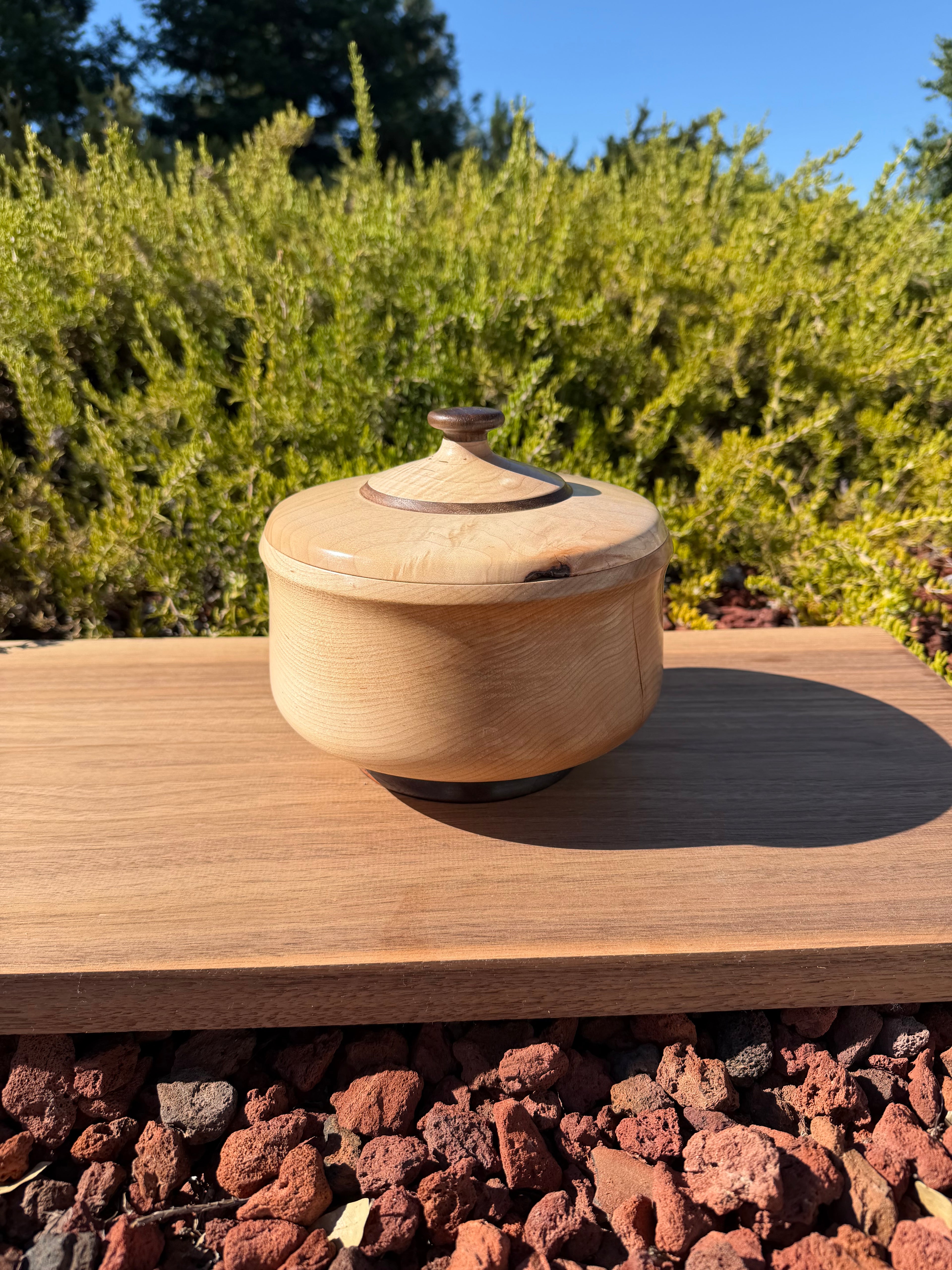 Handcrafted Maple Lidded Bowl with Black Walnut features