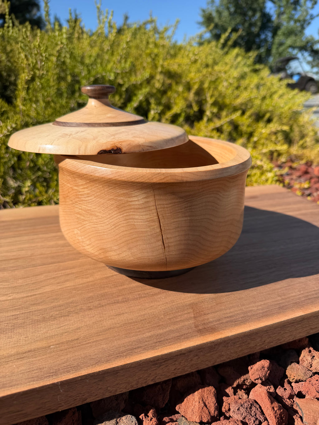Handcrafted Maple Lidded Bowl with Black Walnut features