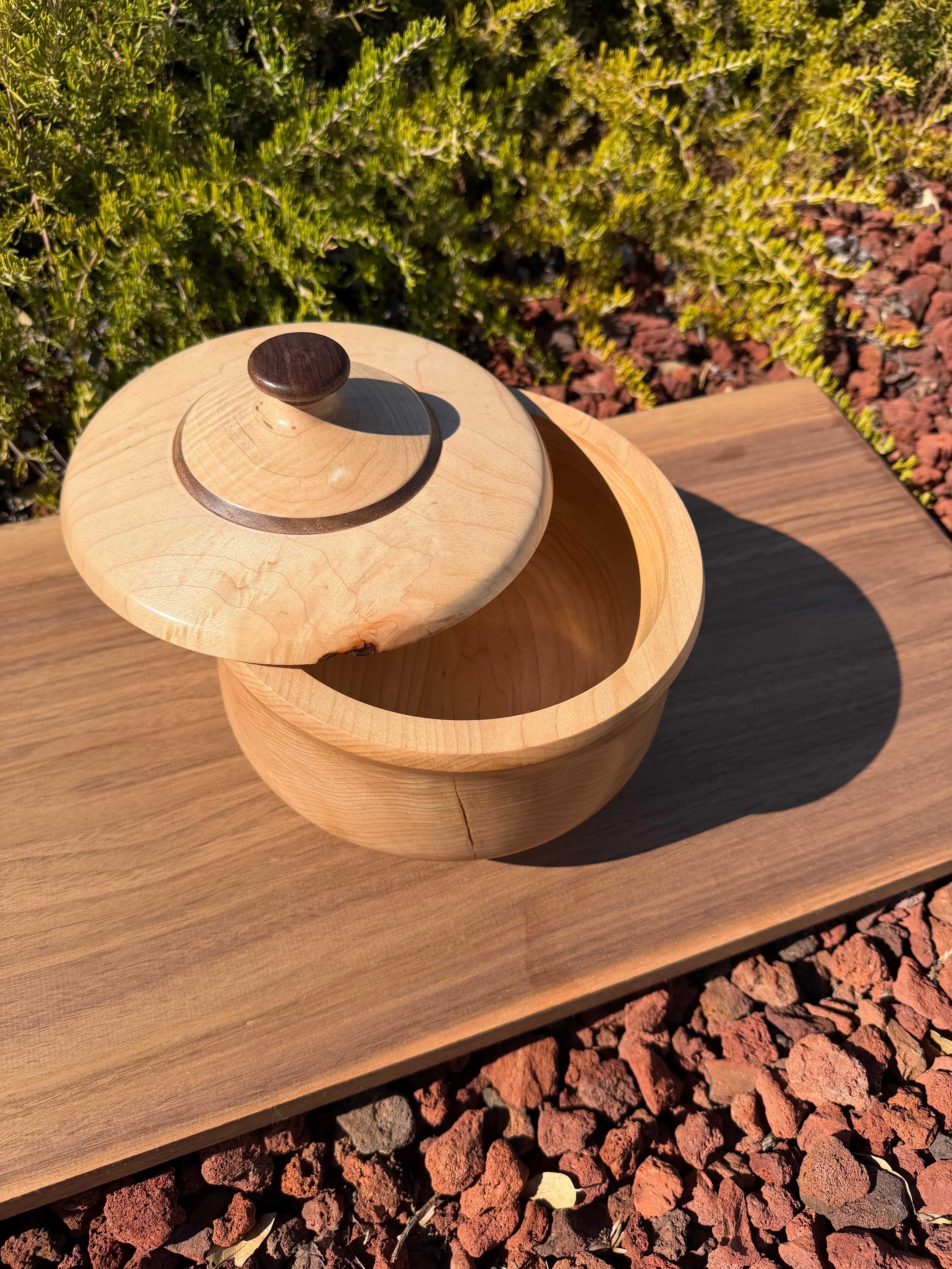Handcrafted Maple Lidded Bowl with Black Walnut features