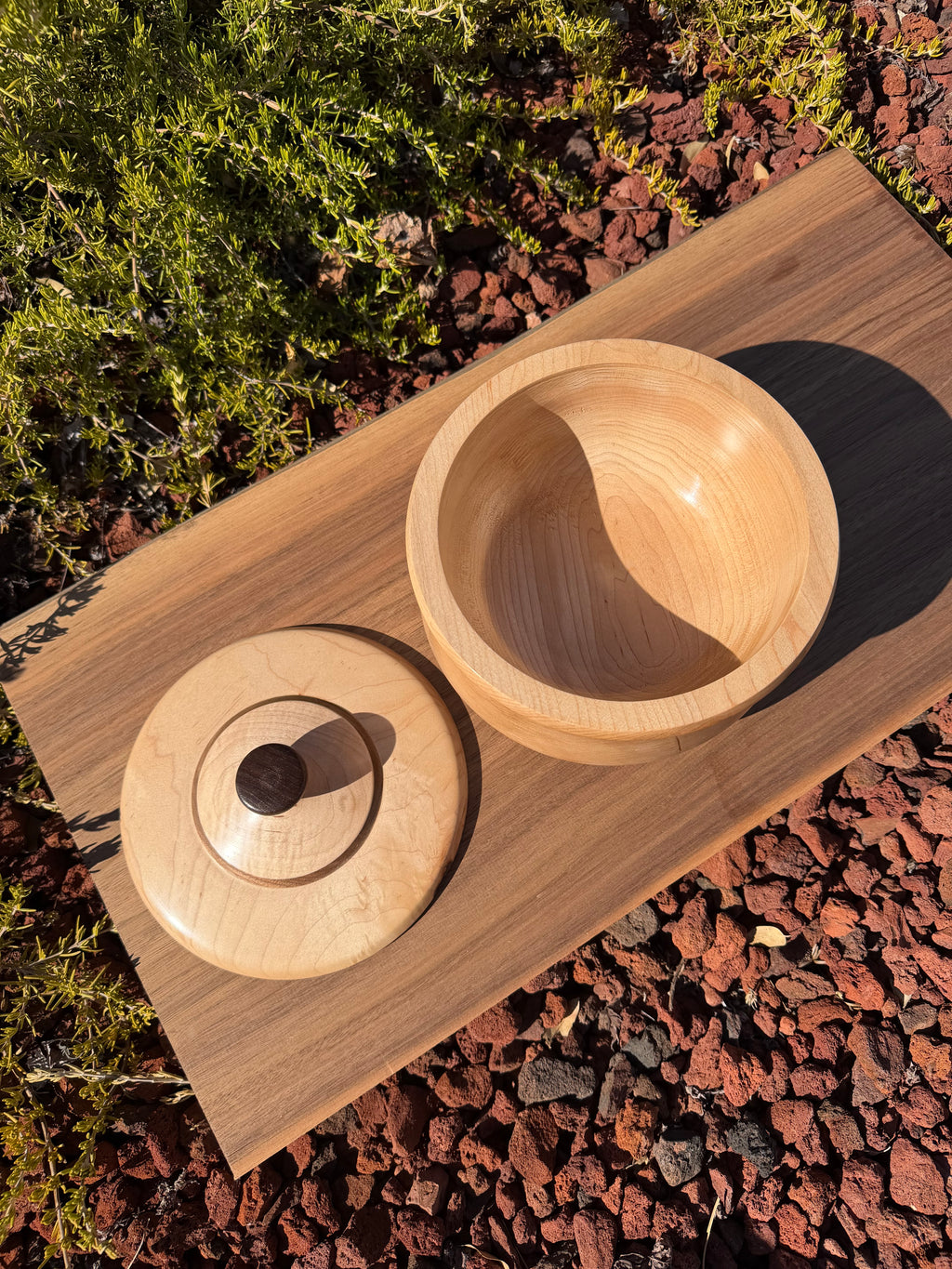 Handcrafted Maple Lidded Bowl with Black Walnut features