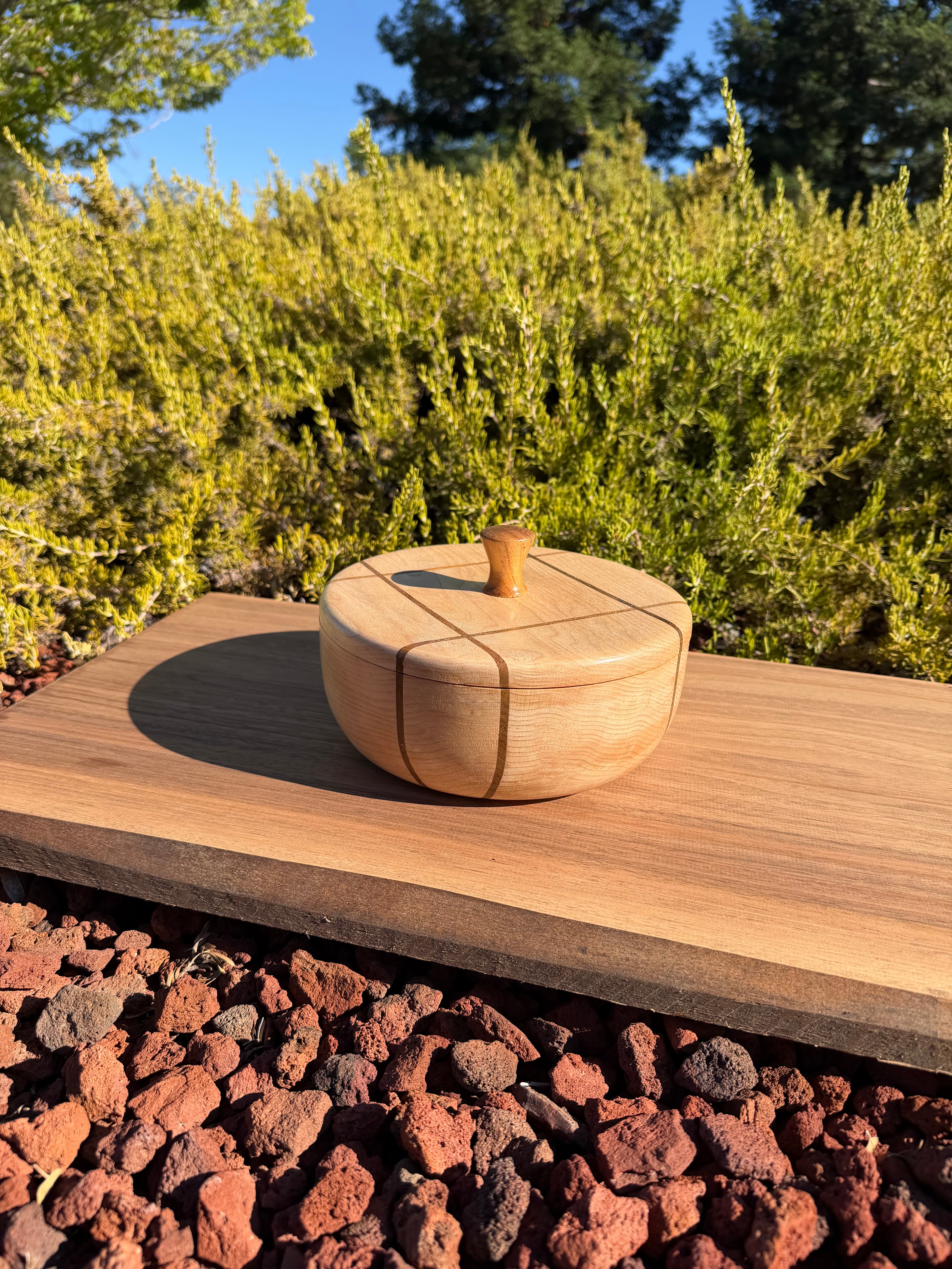 Maple Lidded Bowl with Teak Inlay